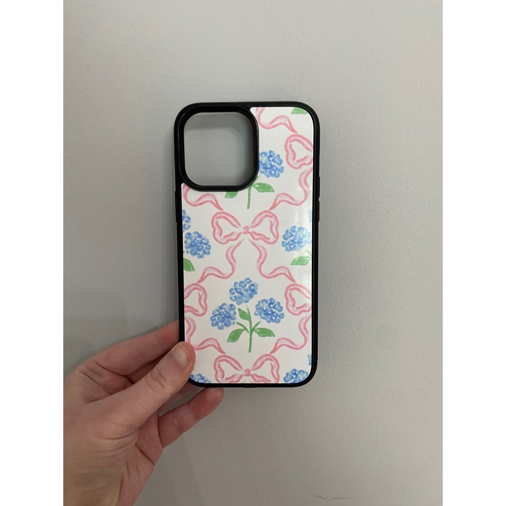 iPhone 14 Pro Max Case Unisex White Blue Pink Hydrangea Bow Floral Preppy Bumper
